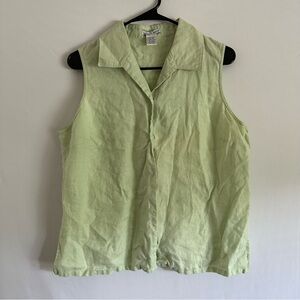 DEANE & WHITE Vintage 90s Green Linen Sleeveless Top Collar Snap On Casual Top
